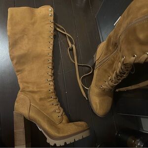 Jennifer Lopez Tan Suede Knee-High Lace-Up Boots